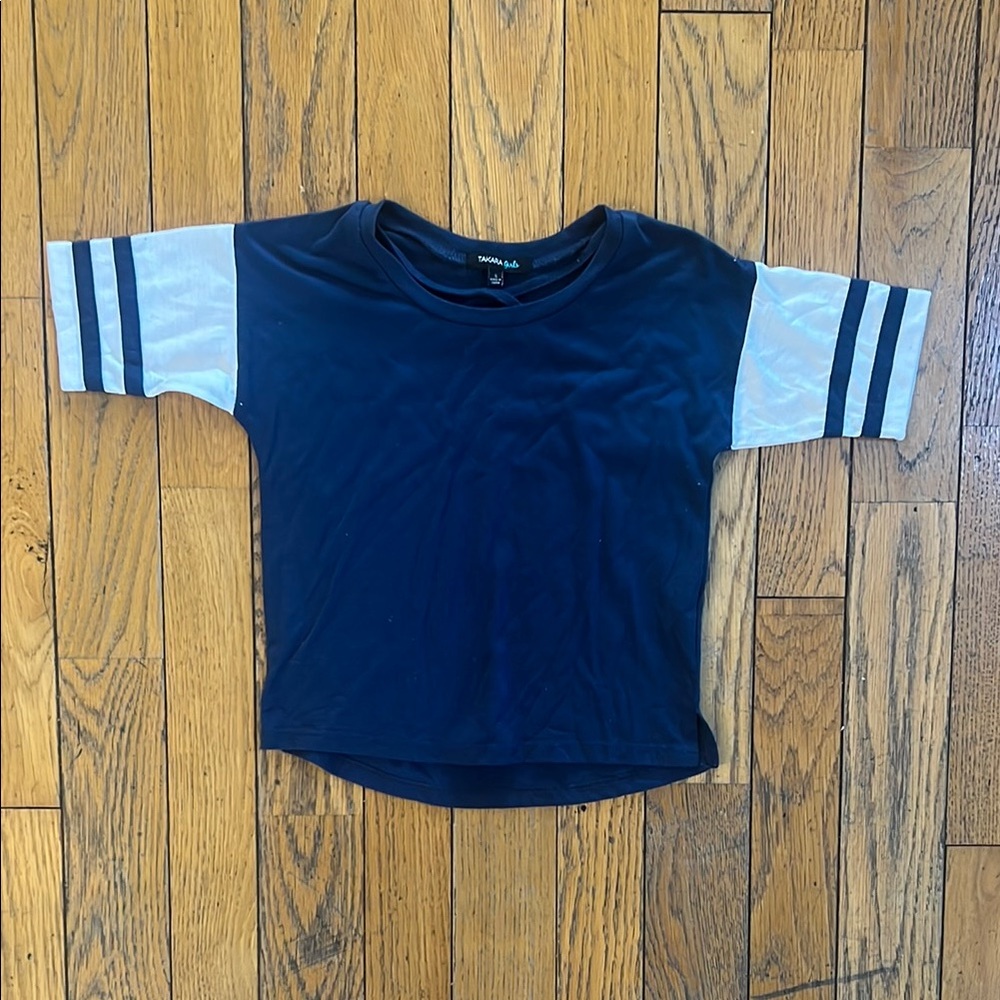 Takara Blue and White Short Sleeve Tee with Striped Sleeves